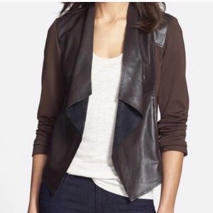 Faux leather drape front jacket
